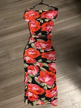 Floral Midi Skirt in Black with Pink and Red Roses